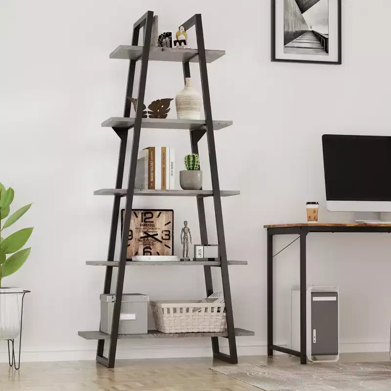 5-Tier Ladder Bookshelf with Metal Support, Tall Rustic Open Etagere Bookcase for Living Room, Office & Kitchen