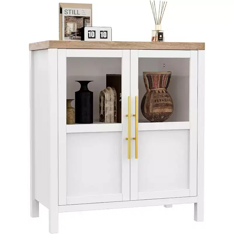 29 Wide Modern Storage Cabinet with Glass Doors  Versatile Buffet Sideboard for Kitchen, Living Room, and Dining Room - White