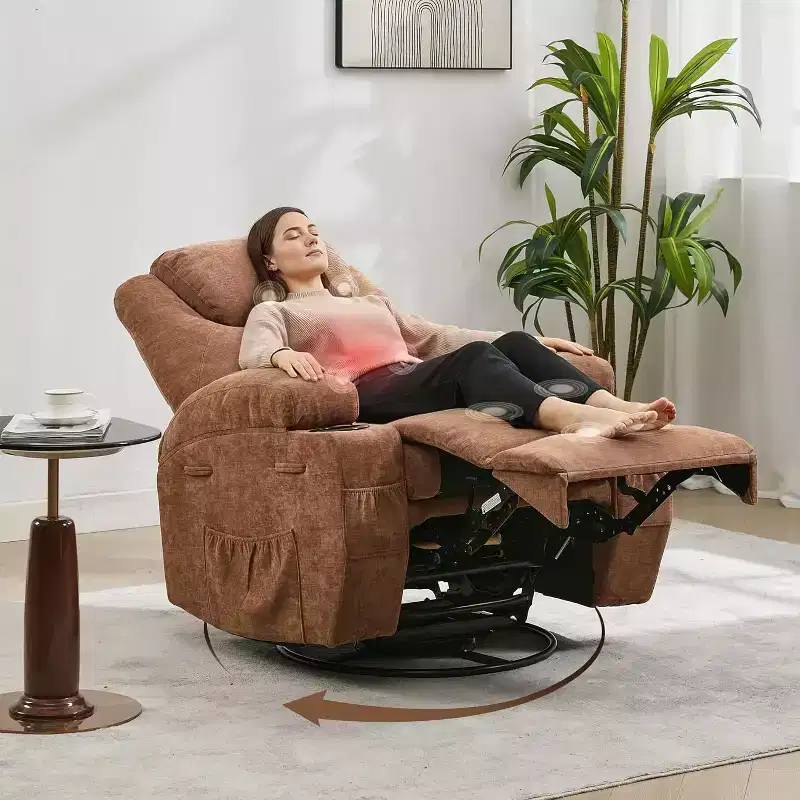 360 Swivel Rocker Recliner Chair w/Massage & Heat, 300Lb Capacity, Pine Frame, Soft Fabric, 35.4d x 39w x 41.3h