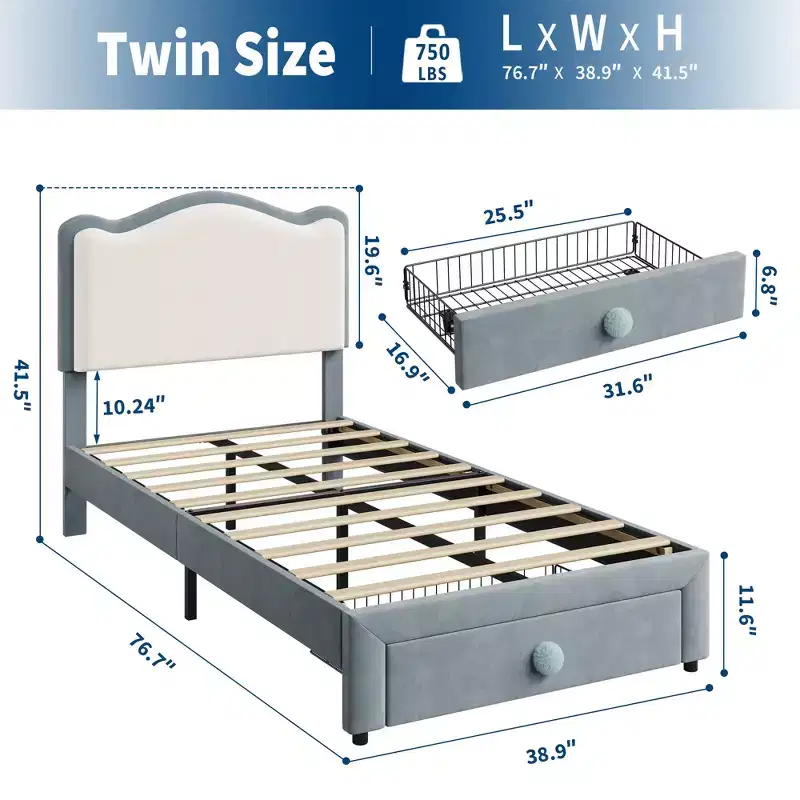 Twin Size Upholstered Kids Bed Frame with Curved Headboard, Storage Drawer, Velvet Fabric, Strong Wood Slats, No Box Spring Needed