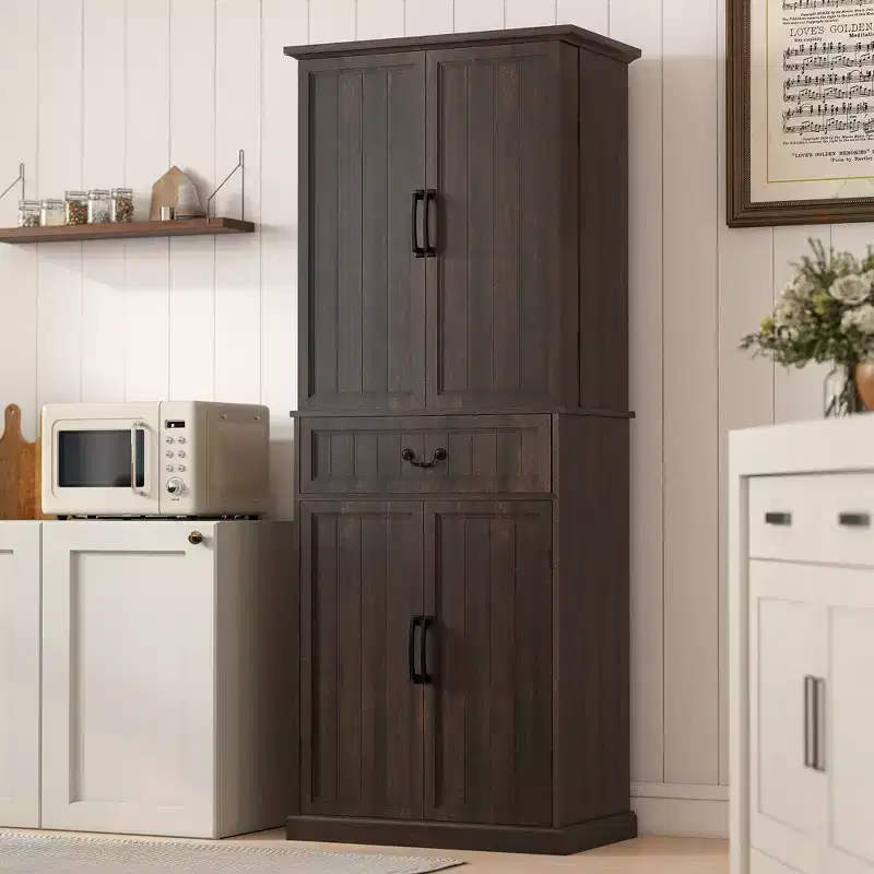 71 LED Kitchen Pantry Cabinet, Farmhouse Storage Cabinet with Door Shelves
