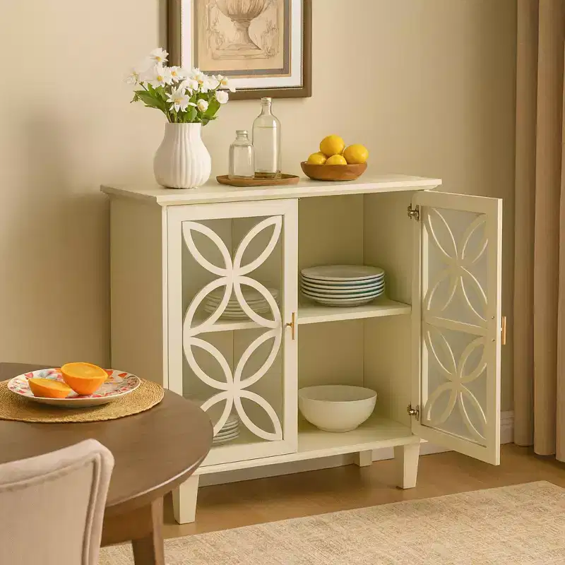 Storage Cabinet with Decorative Glass Doors and Adjustable Shelf, Cream