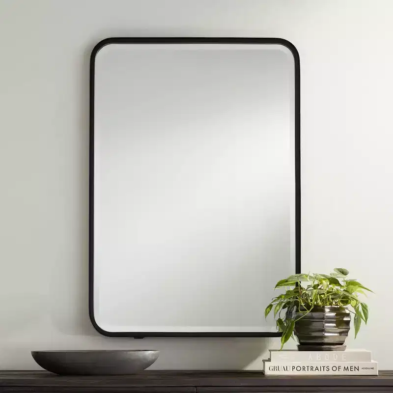 Rounded Edge Rectangular Vanity Wall Mirror Modern Beveled Black Iron Frame 24 Wide for Bathroom Bedroom Living Room Home Entryway