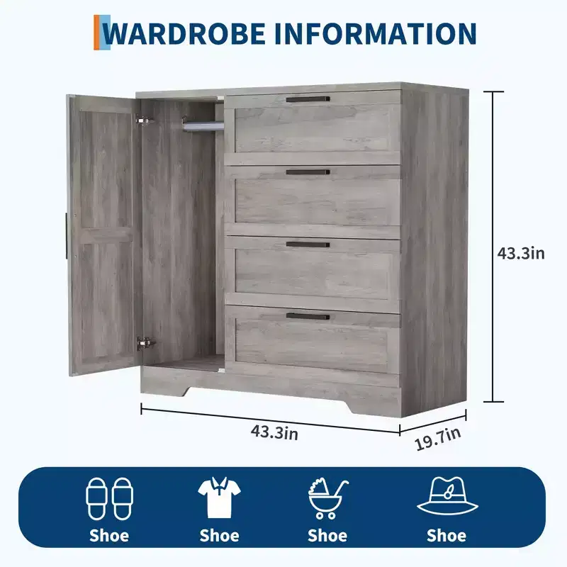 43.3''H Armoire Wardrobe Closet with 4 Drawers and 2 Doors,Hanging Rod,Multifunctional Wooden Dresser with Storage Closet,Bathroom Cabinet for Bedroom