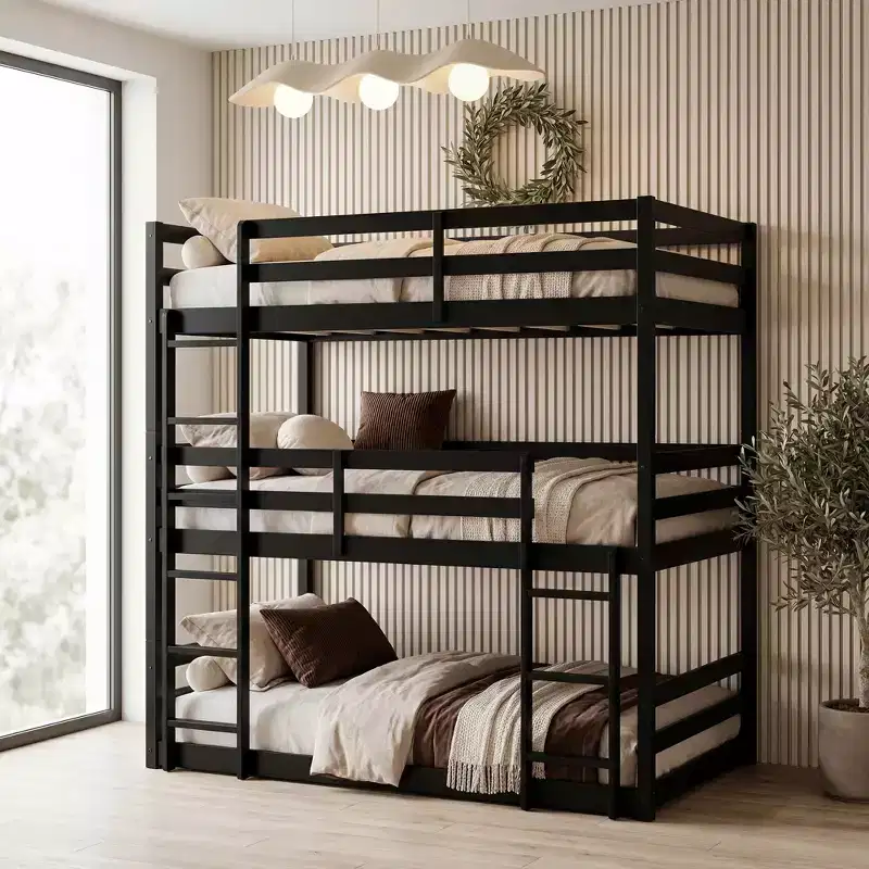 Triple Twin Bunk Bed, Solid Wood 3-Tier Bunk Bed with Dual Ladders & Guardrails