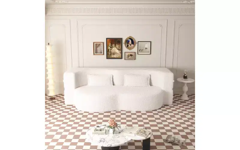 Modern Floor Sofa with 2 Pillows, Convertible Teddy Fabric Sleeper Sofa Bed for Living Room
