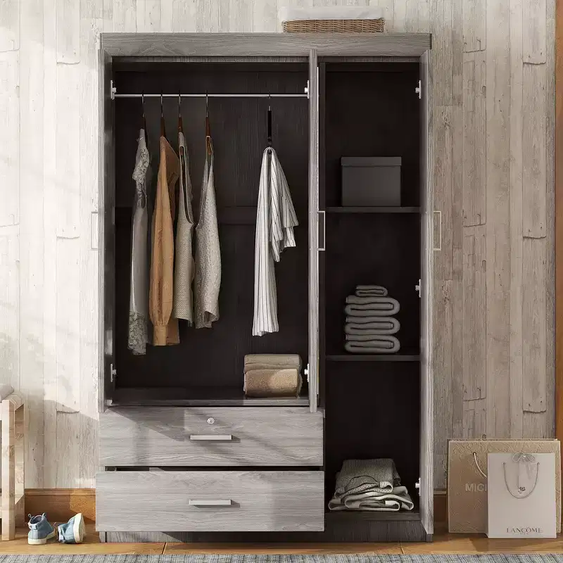 Wood 3-Door Wardrobe Armoire with Mirror, 2 Drawers, Storage Shelves and Hanging Rail