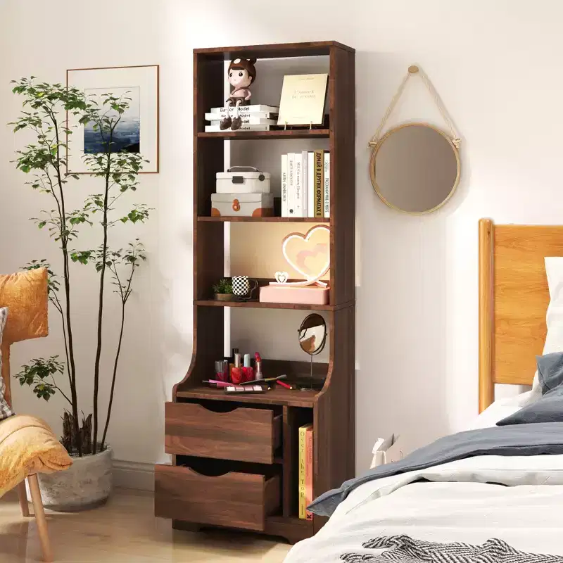 JVNOXK 18-inch bedside table with bookshelf, featuring two storage drawers. Vertical space storage cabinet with wooden structure, walnut finish