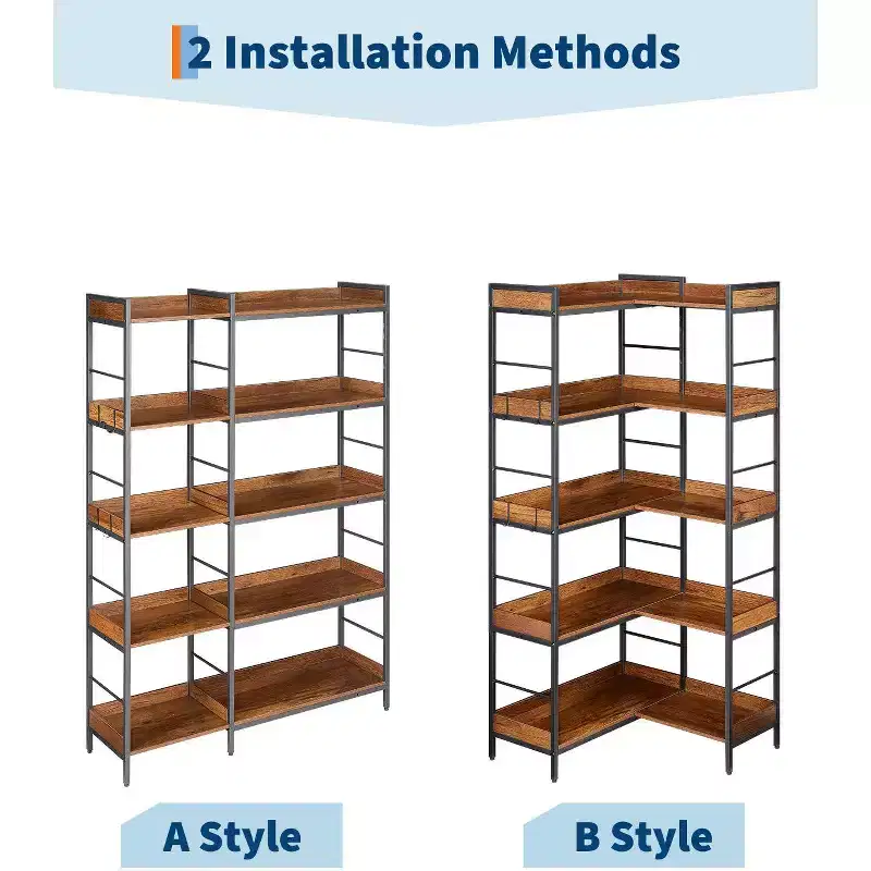 5-Tier Corner Shelf, Industrial L-Shaped Bookshelf with Shelves, Freestanding Corner Storage Rack for Living Room, Bedroom, Home Office