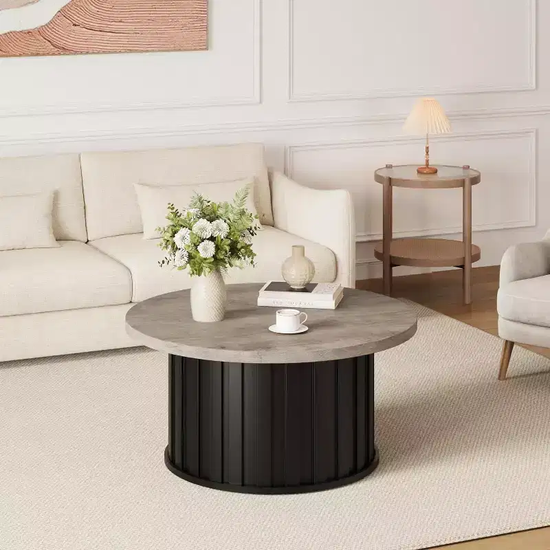 Modern Round Coffee Table, Fluted Mushroom Shape, MDF Top, Black Metal Base, 31.9, Easy Assembly