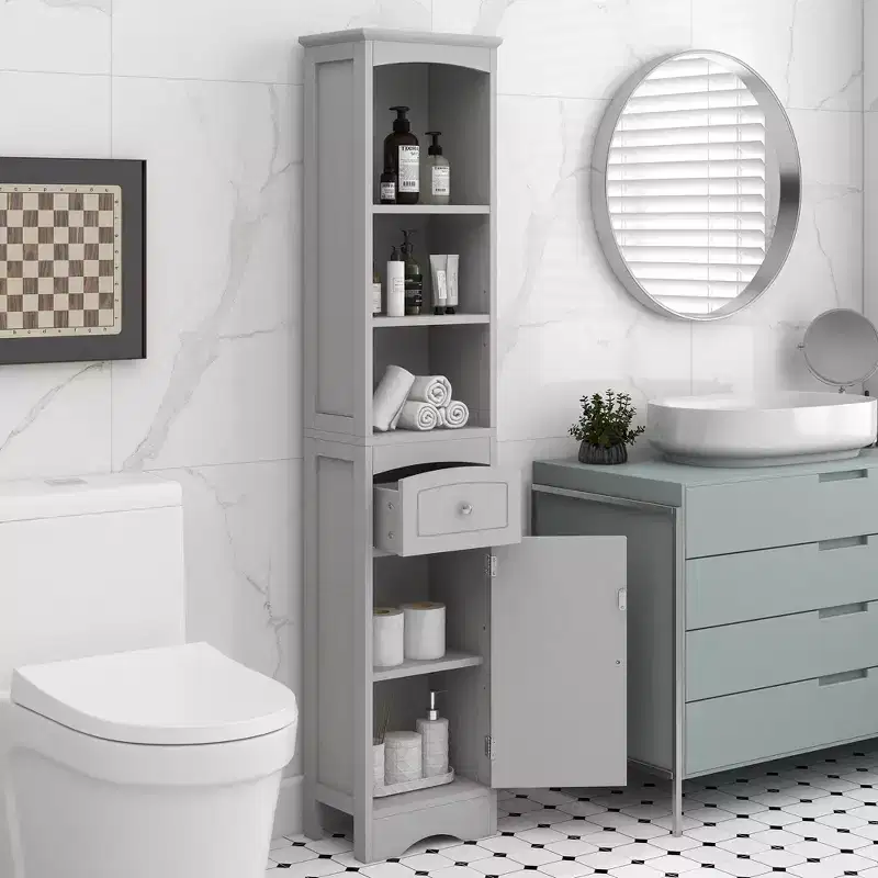 Clara Modern Wood Freestanding Tall Bathroom Storage Cabinet with Drawer, Open Shelves and Adjustable Shelf