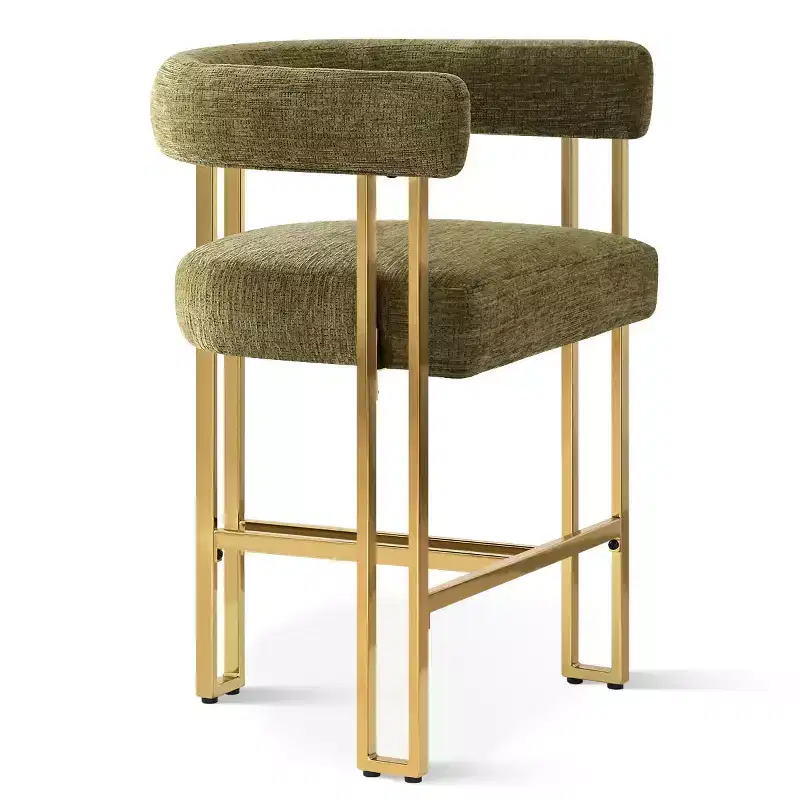 Set of 3 Counter Height Bar Stools with Backs and Arms, Modern Chenille Upholstered Kitchen Island Chairs with Gold Metal Legs - Panipeachy