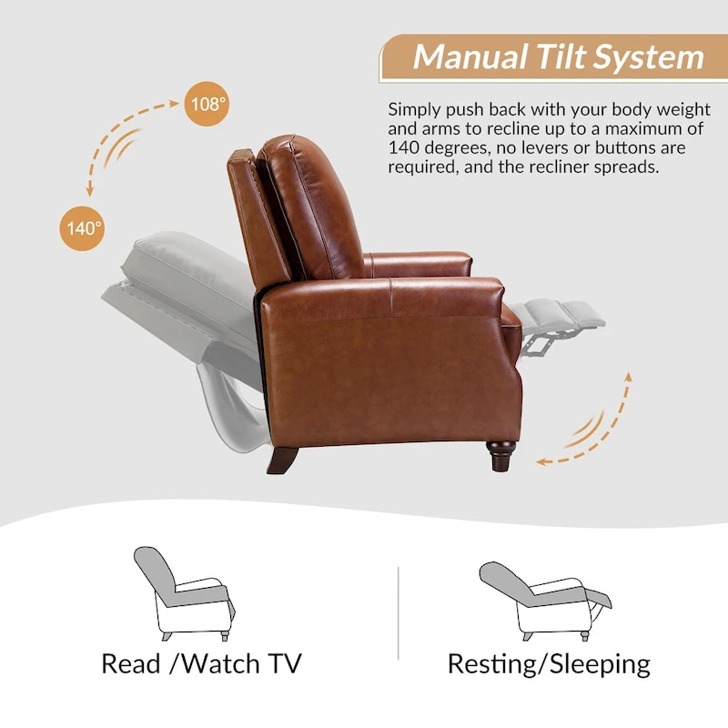 Cigar Mid-century Modern Genuine Leather Recliner with Nailhead Trim Set of 2 by HULALA HOME
