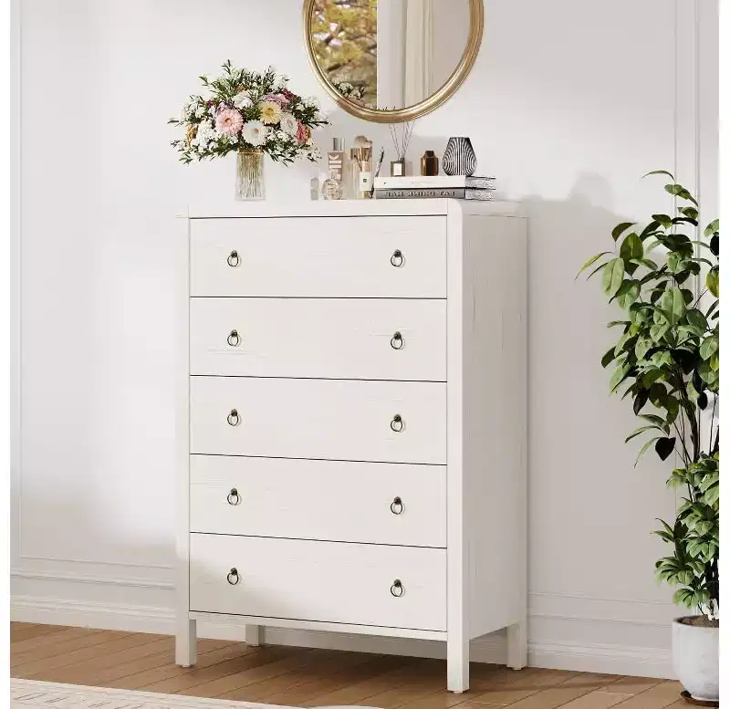 White 5-Drawer Dresser, Modern Chest of Drawers, Wood Storage Clothes Organizer