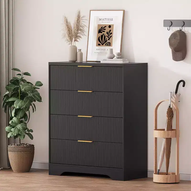 Fluted Dresser for Bedroom with 4 Drawers, 38.6 in Tall Modern Dresser with Gold Metal Handles, Wide Chest of Drawers for Hallway, Closet