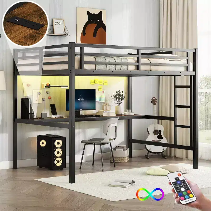 Bellemave Full Size Metal Loft Bed with Desk, Power Outlet, USB Port & LED Lights, Space-Saving Study Bed with Safety Guardrails, Black