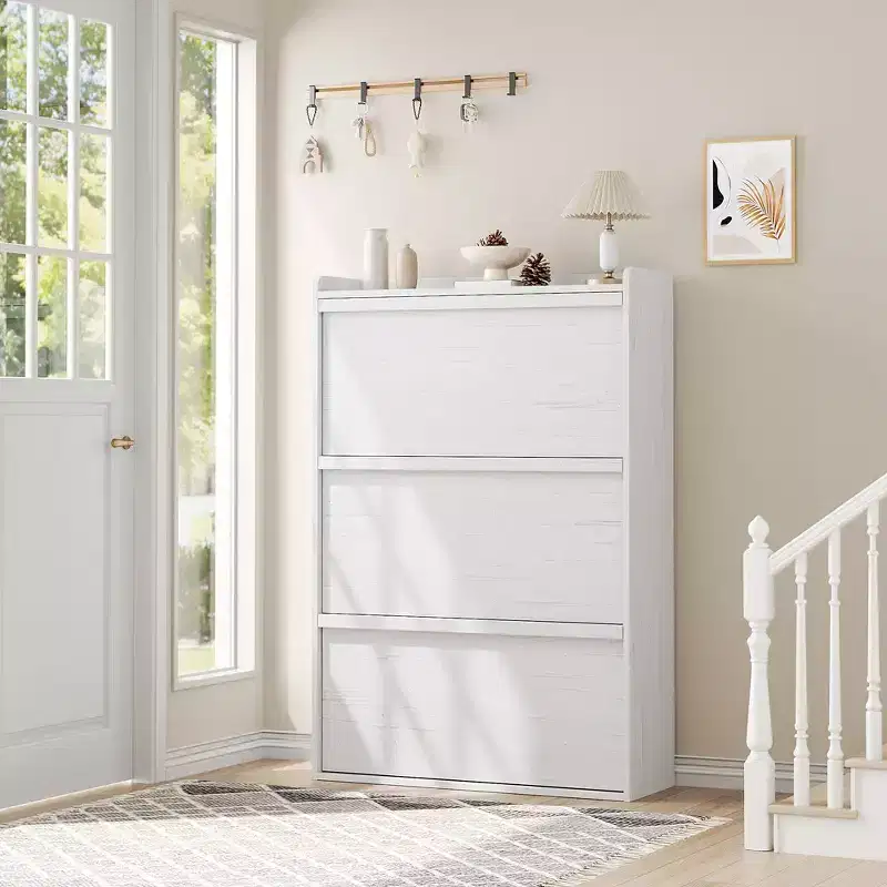 Shoe Cabinet with 3 Flip Drawers, Shoe Storage for Entryway, Wooden Shoe Organizer Cabinet, Hidden Shoe Rack for Hallway, Living Room, Rustic White