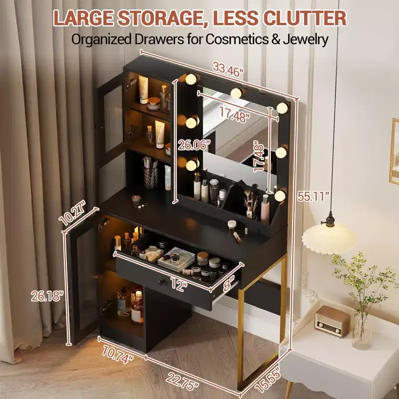 Makeup Vanity Desk with LED Lights & Mirror, 33W Large Dressing Table with Large Drawer, Storage Cabinet, Makeup Vanity Table for Bedroom