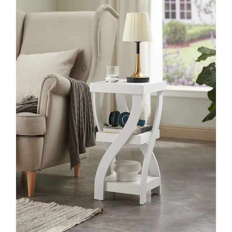 Side End Table with Curved Legs and Storage Shelves, White