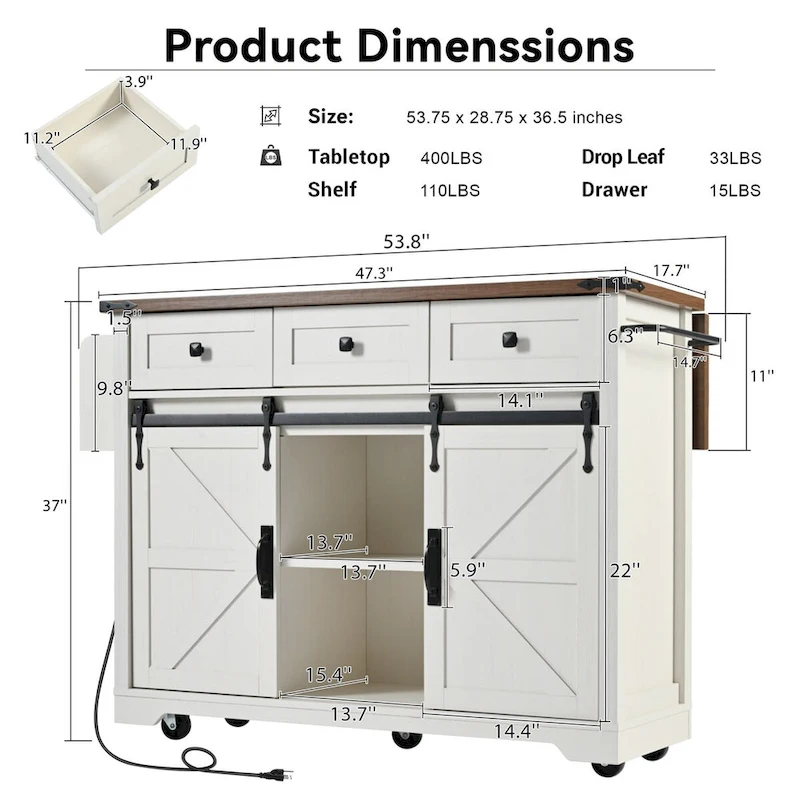 Kitchen Island with Power Outlet and Drop Leaf tabletop by Harper&Bright Designs