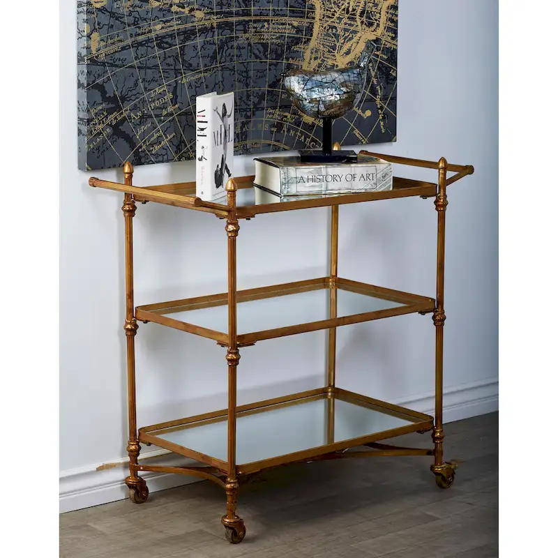 Metal Rolling 3 Mirrored Shelves Bar Cart with Handles - Brass - Roche River Decor - 18W x 35L x 33H