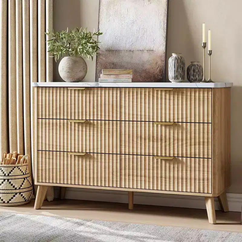 Fluted Dresser for Bedroom with 6 Deep Drawers, 47.2 in Wide Modern Chest of Drawers, Wooden Dresser TV Stand, Curved Profile Design, for Living Room