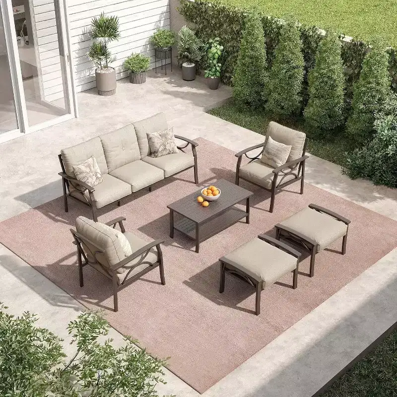 Heynemo Outdoor Patio Furniture Set, 6 Piece Patio Conversation Set with Coffee Table and Ottomans, Metal Furniture Set for Porch Backyard, Coffee