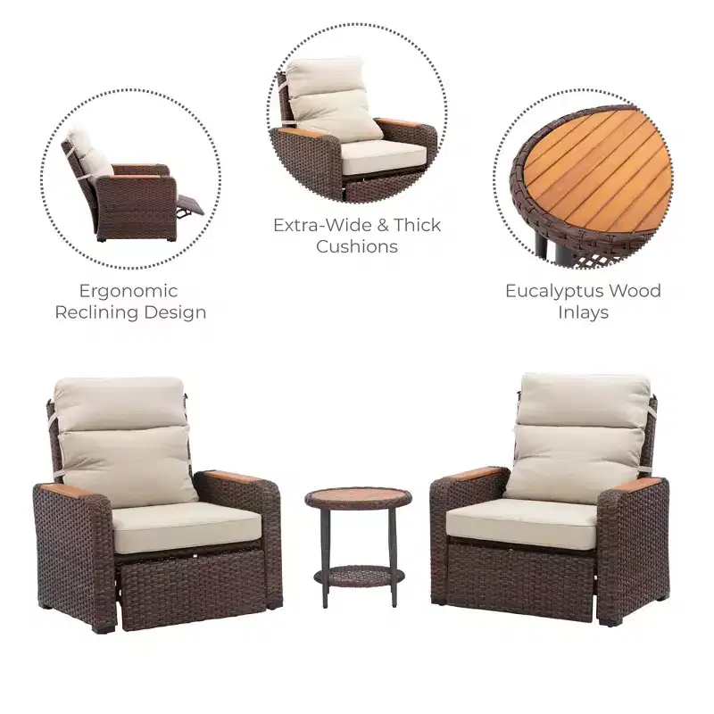 Teamson Home - Outdoor 3 Piece Wicker Recliner Set with Wood Armrests and Cushions