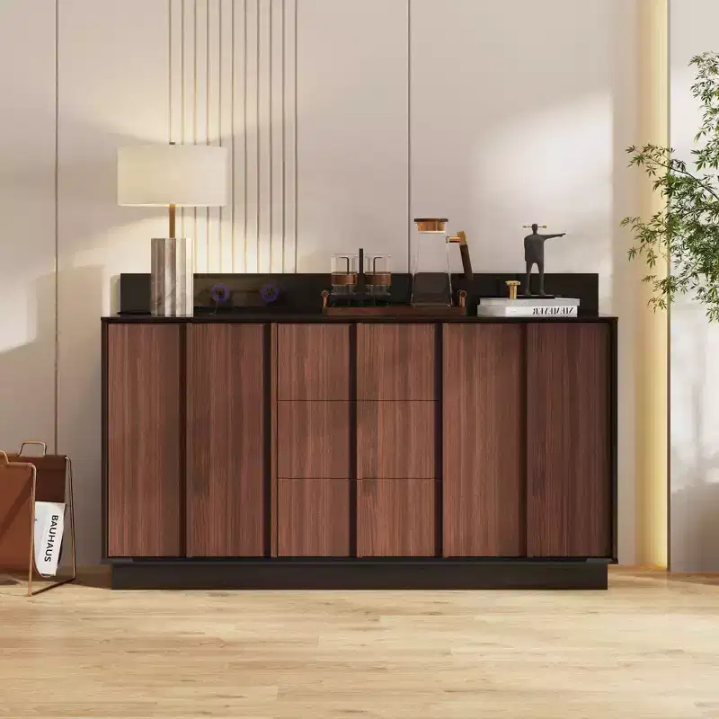 Multifunctional Storage Cabinet Buffet with Sliding Outlets, Black Gloss and Wood Finish