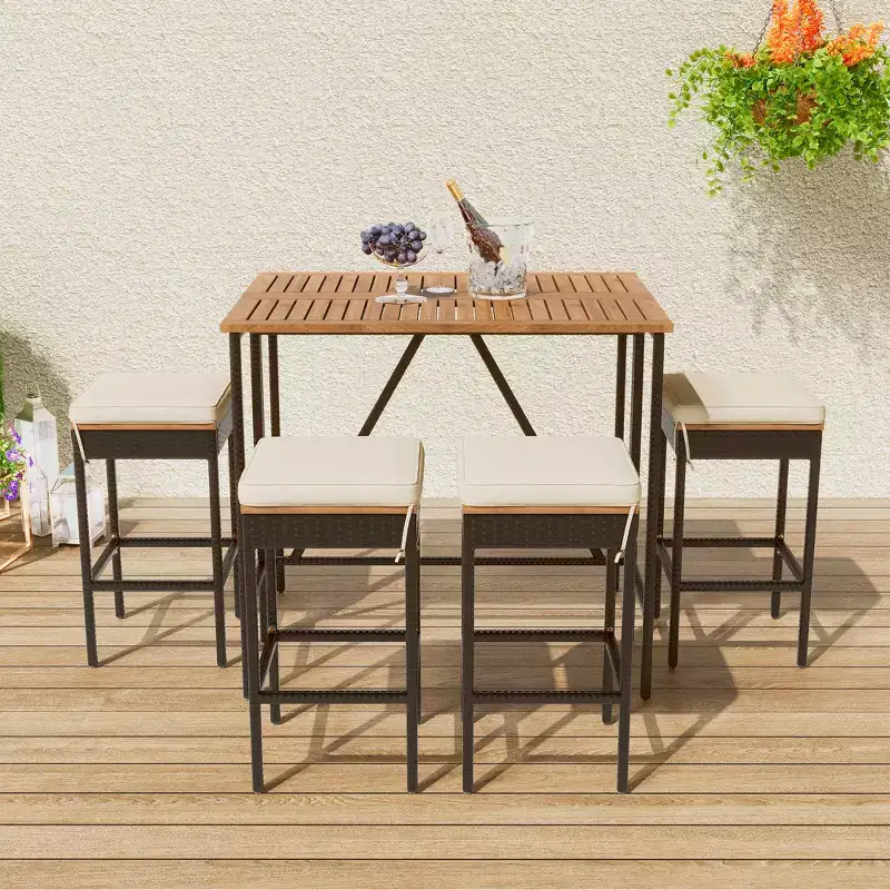 GDFStudio Mason Patio Modern 5-Piece Acacia Wood and PE Rattan Wicker Bar Height Dining Set with Cushioned Stools