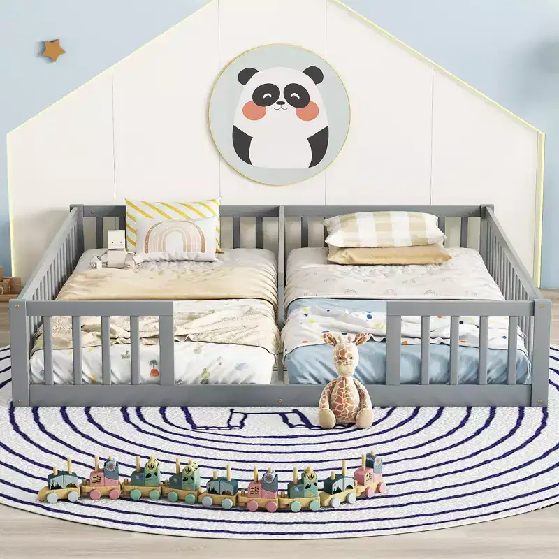 Bellemave Double Twin Floor Bed with Guardrails, Pine & Engineered Wood, Natural & Gray, Safe, Sturdy, Space-Saving, Easy Assembly for Kids