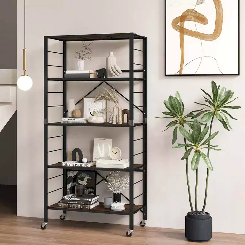 Costway 2 PCS 5-Tier Folding Shelf Free DIY Design Shelving Unit with 4 Universal Wheels Black/Natural