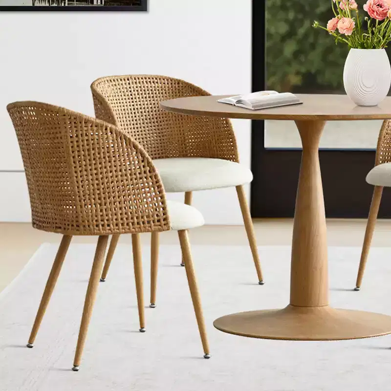 Round Dining Table Set for 4, Natural Wood-Tone Pedestal Table and Upholstered Dining Chairs with Rattan Backs, Ideal for Dining Room-Panipeachy