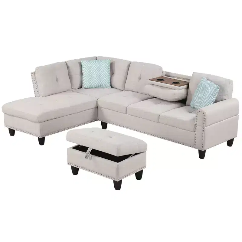 98 L-Shaped Sofa with Movable Storage Ottoman Linen Fabric Backs Seats Cup Holders Beige/Dark Gray