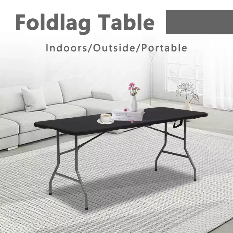 6-Foot Rectangular Portable Folding Table, HDPE Plastic, Steel Legs, Seats 8, Black