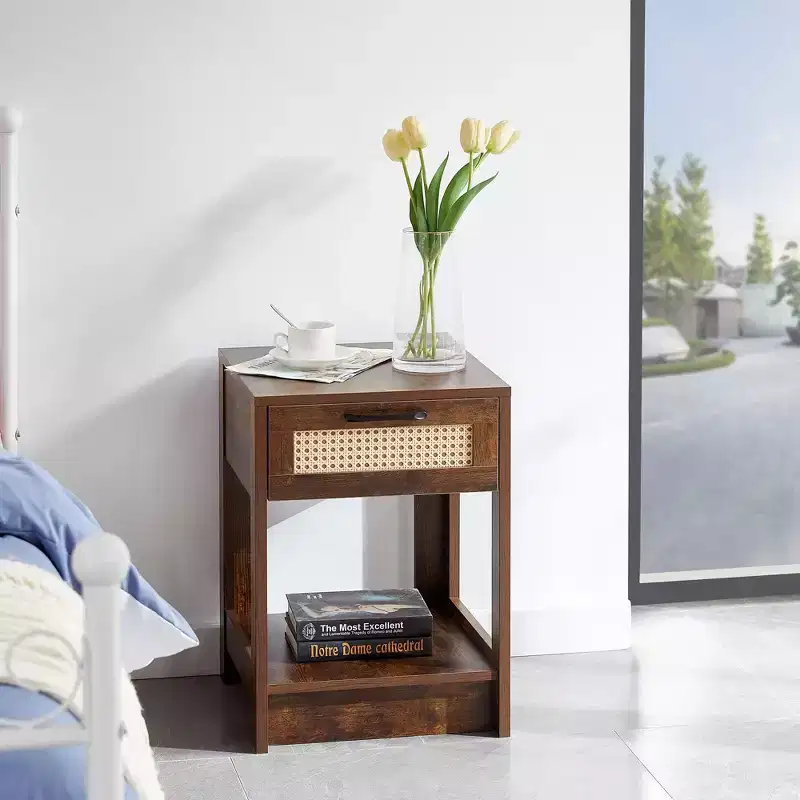 MAYEERTY Rattan End Table with Drawer, Modern Nightstand, Side Table for Living Room, Bedroom, Rustic Brown
