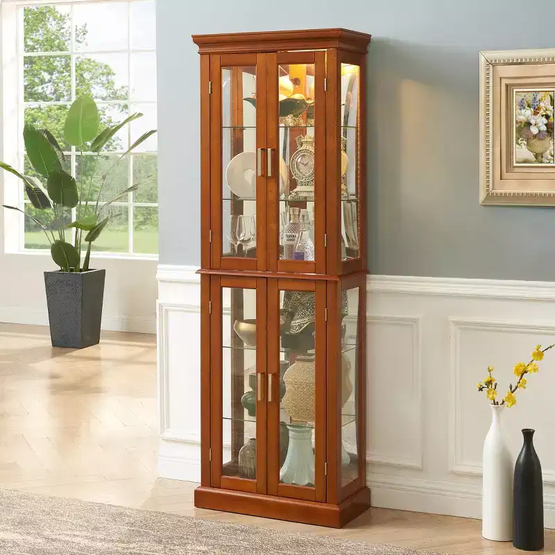 Lighted 70 Corner Display Cabinet, 6 Adjustable Glass Shelves, Engineered Wood Storage Showcase for Living Room, Tall Display Cabinet