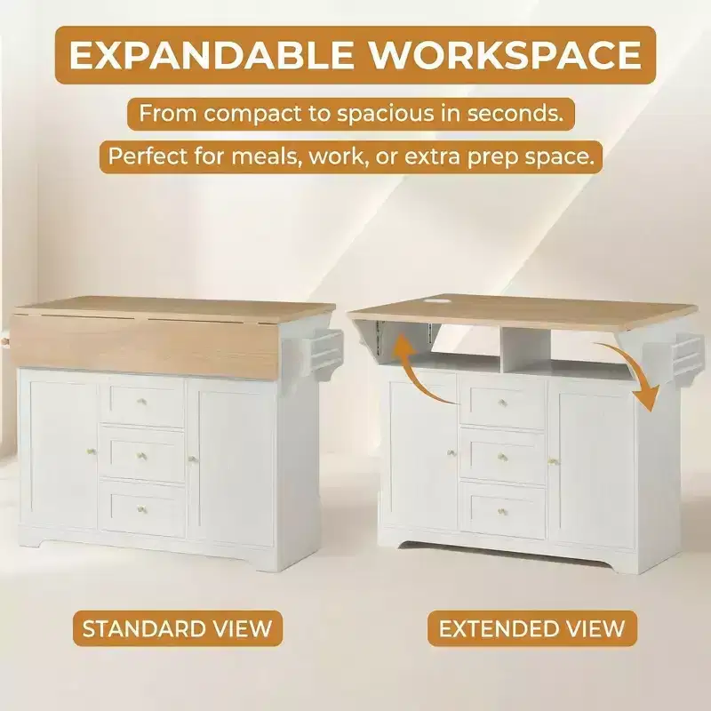 Rolling Kitchen Island with Power Outlet, Spice Rack & 2 Drop Leaf