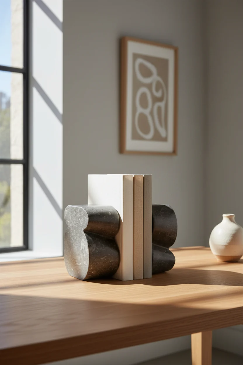 Minimalist Marble Bookends with Raw Slab Form in Black or White for Study & Living Room