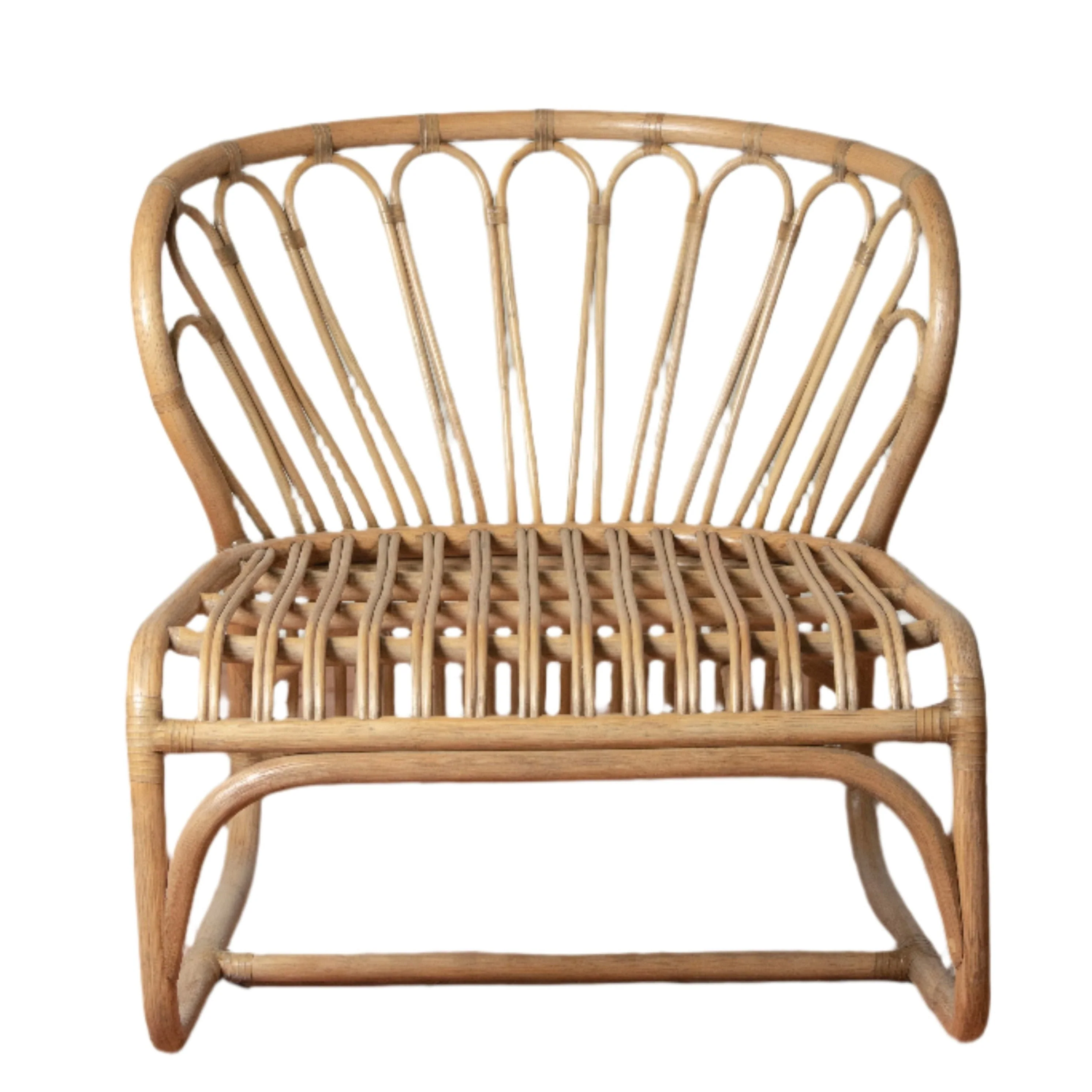 Low-Profile Handcrafted Indonesian Rattan & Belgian Linen Outdoor Lounge Chair with Rawhide Accents for Patio or Garden