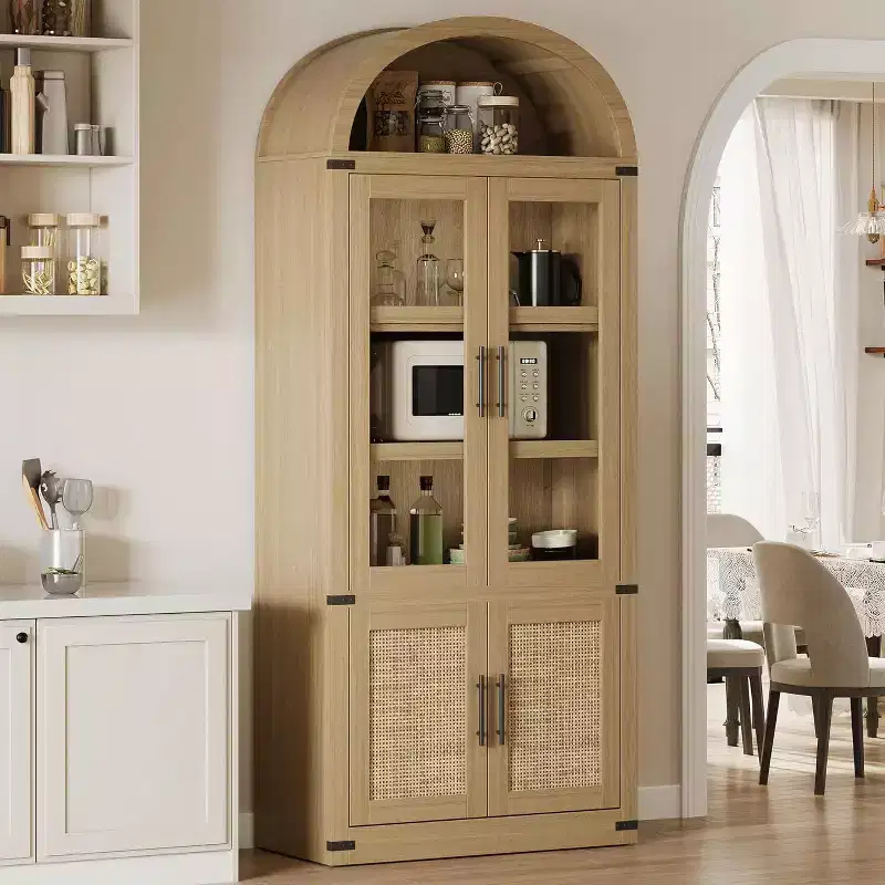 Arched Bookcase with Doors Modern 6-Tier Bookshelf with Storage Wooden Display Cabinet Farmhouse Storage Shelves for Living Room,Office