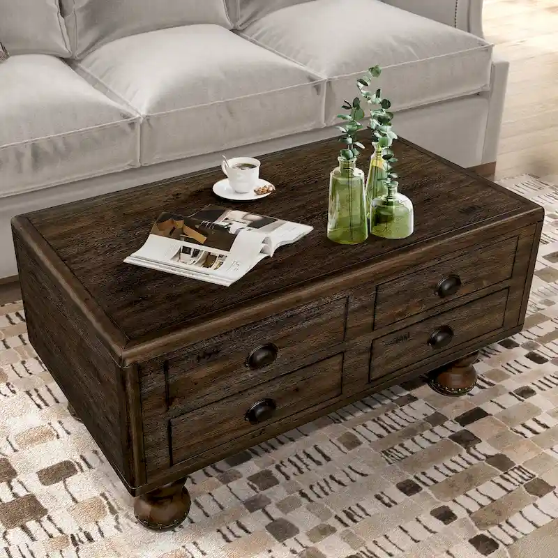 Solid Wood Rectangle Coffee Table with 4 Drawers