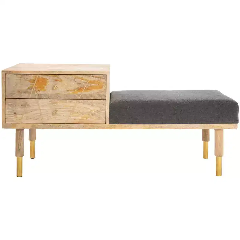 2-Drawer Cushion Seated Storage Bench, Off-White, Entryway & Bedroom