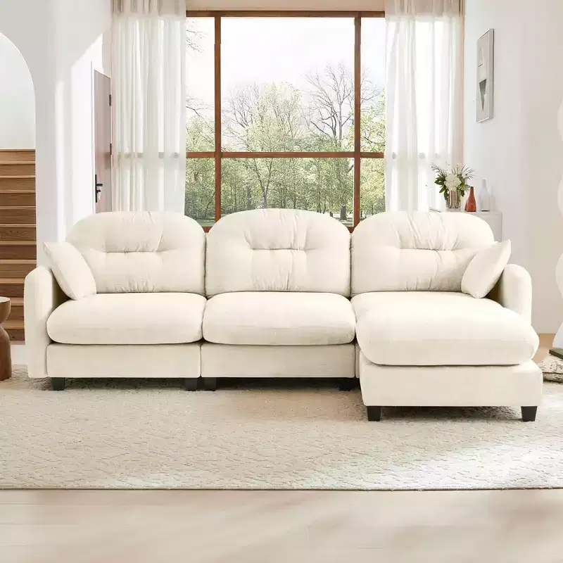 3-Seater Beige Modular Chenille Fabric Sectional L Shaped Couch With Ottoman for Living Rooms