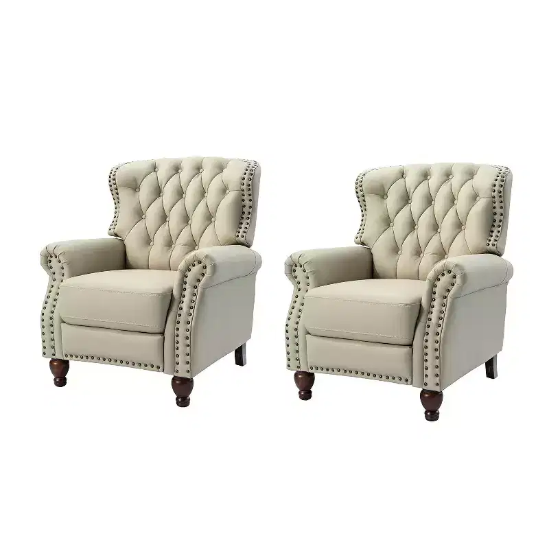 Set of 2 Justine Transitiona Wooden Upholstery Genuine Leather Recliner with Nailhead Trim for Living Room and Bedroom| ART OF LIVING DESIGNS