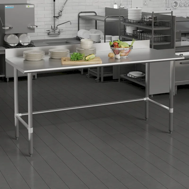 Silver Open Base Kitchen Prep Work Table with Backsplash, Single-User, 18G 430 Stainless Steel