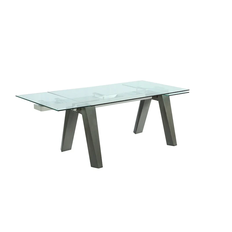 Extendable Glass Top Dining Table with Solid Wood Legs