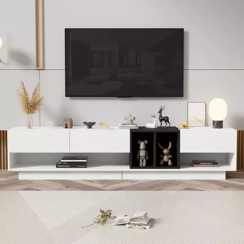 Modern Two-tone TV Stand for 80 TV, Wood TV Storage Cabinet Entertainment Center Media Console with Versatile Compartment