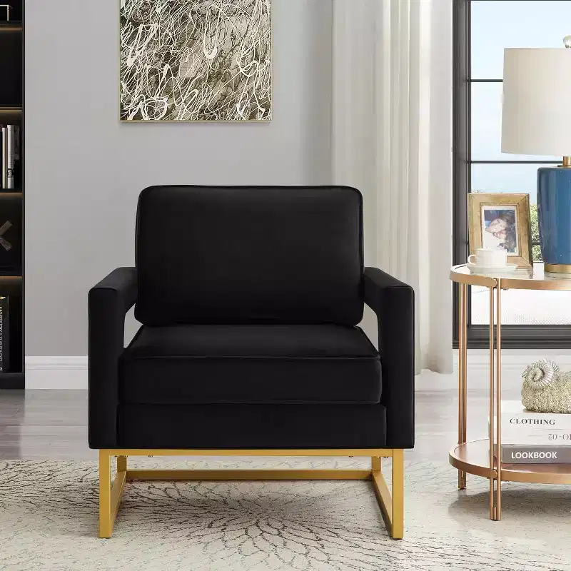 Living Room Chairs Comfortable Chair, Velvet Sofa with Open Armrests, Metal Base, High Density Foam Modern Upholstered Chair