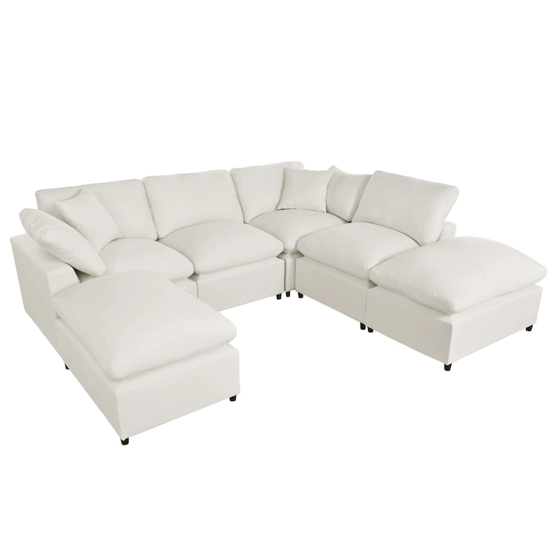 Beige 134.40 Modern U-Shaped 6 Seater Sectional Sofa with 2 Large Chaises, Removable Ottomans and Soft Cushions